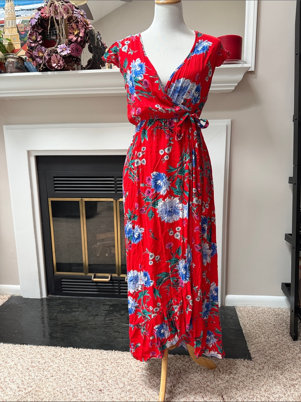 Band of Gypsies Red Floral Wrap Maxi Dress with Blue Blooms